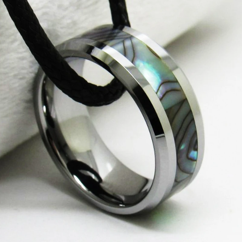 Premium 8mm Polished Tungsten Carbide Rings with Beveled Edges & Abalone Inlay for Wholesale
