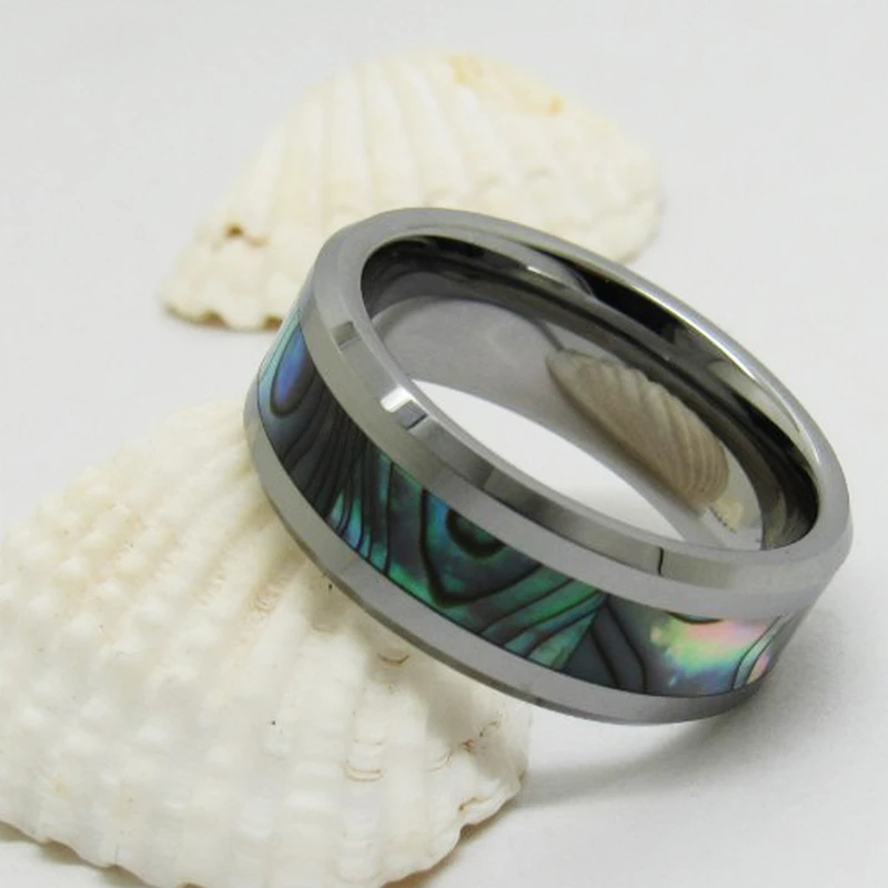 Premium 8mm Polished Tungsten Carbide Rings with Beveled Edges & Abalone Inlay for Wholesale