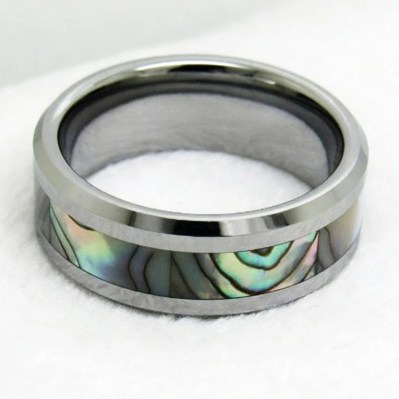 Premium 8mm Polished Tungsten Carbide Rings with Beveled Edges & Abalone Inlay for Wholesale