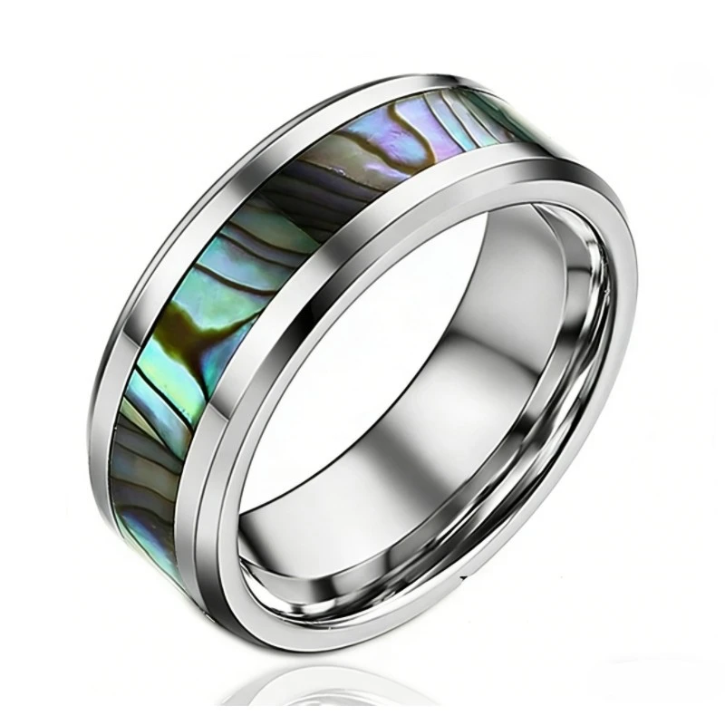 Premium 8mm Polished Tungsten Carbide Rings with Beveled Edges & Abalone Inlay for Wholesale