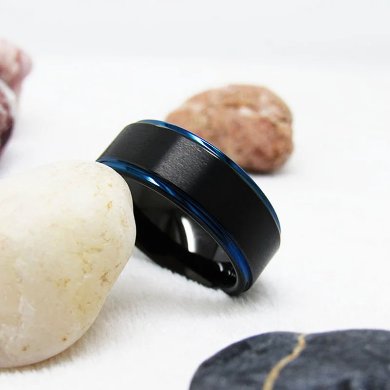 Alliances en tungstène bicolore noir et bleu de 8 mm en vrac avec bords plats et étagés