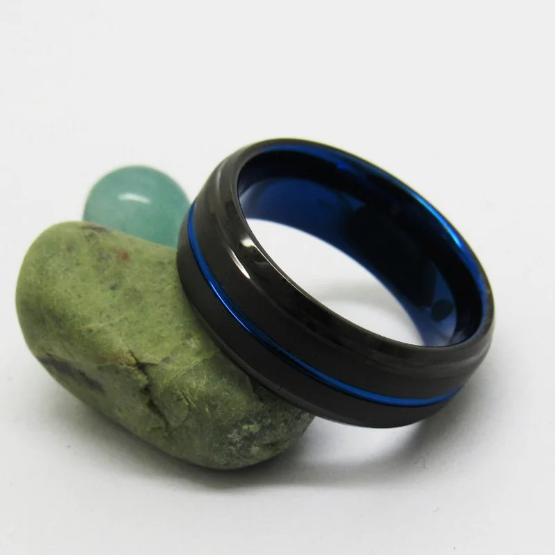 8mm Two-Toned Black & Blue Tungsten Wedding Bands with Step and Bevel Edges – Bulk Manufacturer