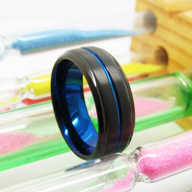 8mm Two-Toned Black & Blue Tungsten Wedding Bands with Step and Bevel Edges – Bulk Manufacturer