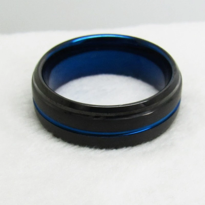 8mm Two-Toned Black & Blue Tungsten Wedding Bands with Step and Bevel Edges – Bulk Manufacturer