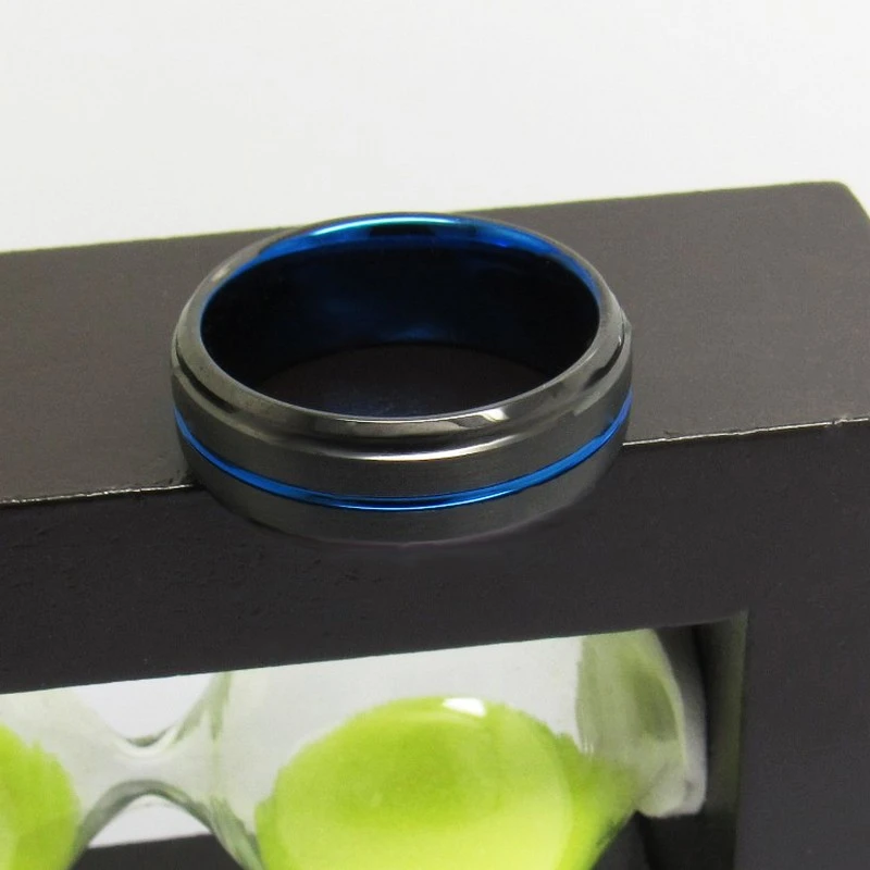 8mm Two-Toned Black & Blue Tungsten Wedding Bands with Step and Bevel Edges – Bulk Manufacturer