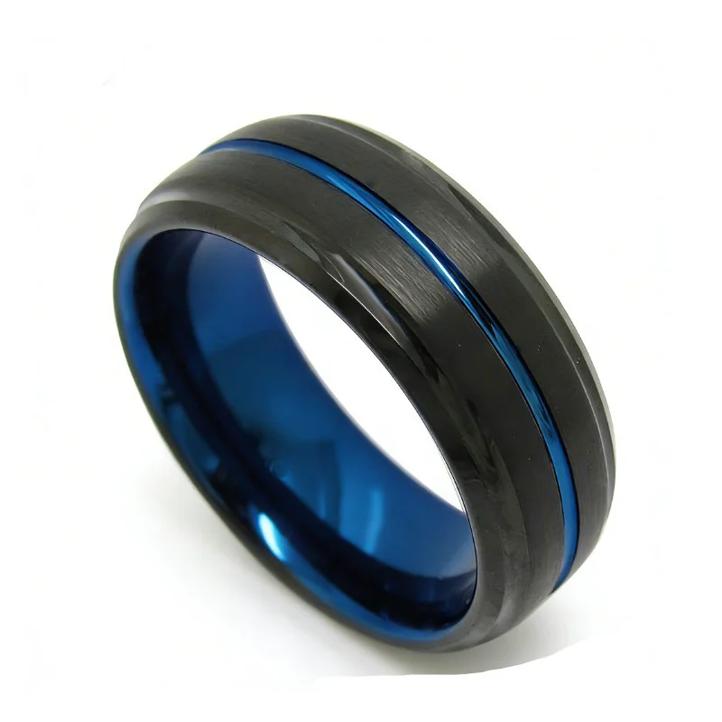 8mm Two-Toned Black & Blue Tungsten Wedding Bands with Step and Bevel Edges – Bulk Manufacturer