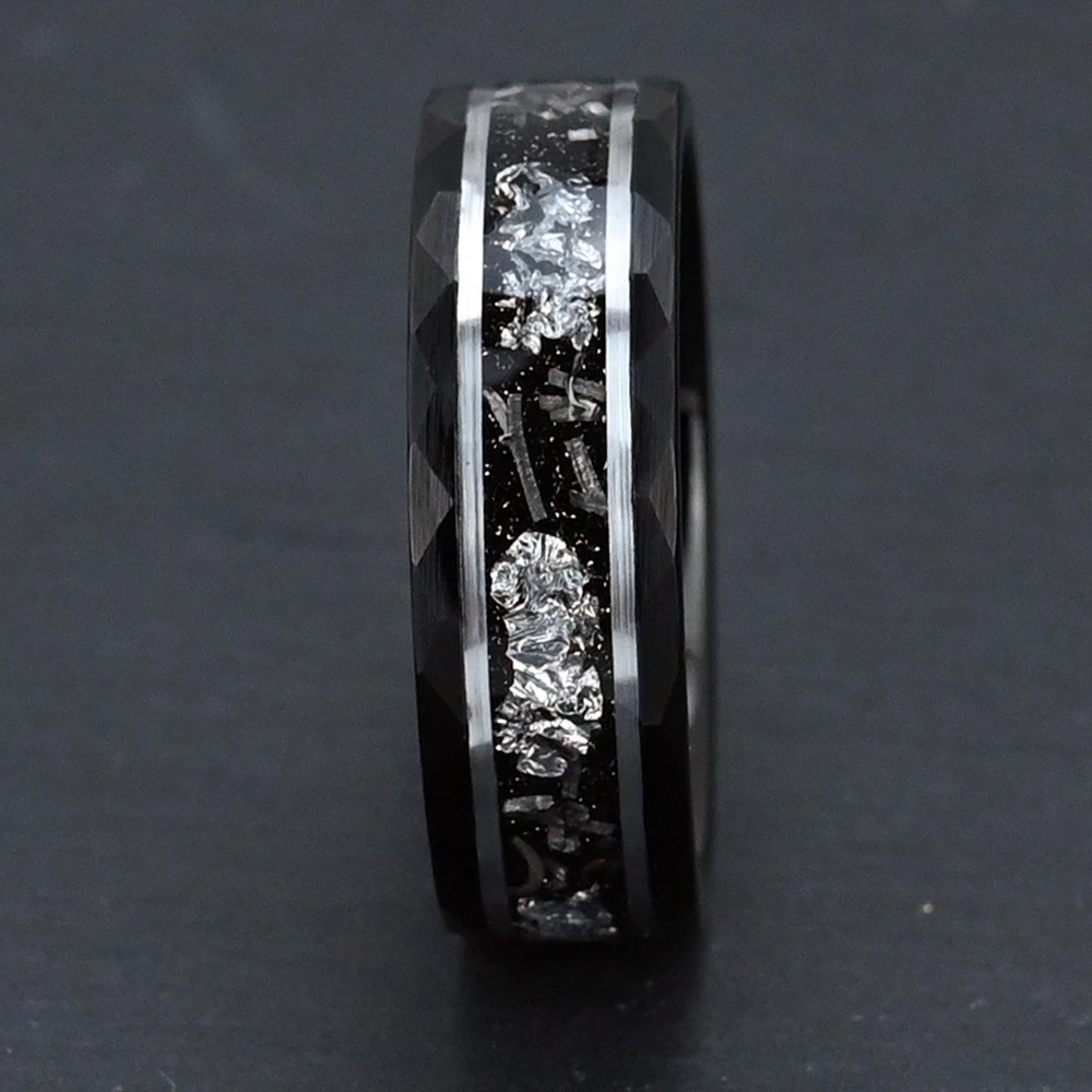 Premium 8mm Black Plated Hammered Tungsten Carbide Ring with Imitation Meteorite & Silver Foil Inlay