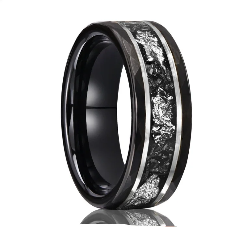 Premium 8mm Black Plated Hammered Tungsten Carbide Ring with Imitation Meteorite & Silver Foil Inlay