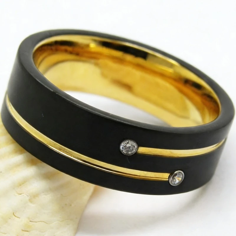 8mm Two-Tone Black & Gold Brushed Tungsten Carbide Wedding Band with CZ Stones - Bulk Orders Welcome