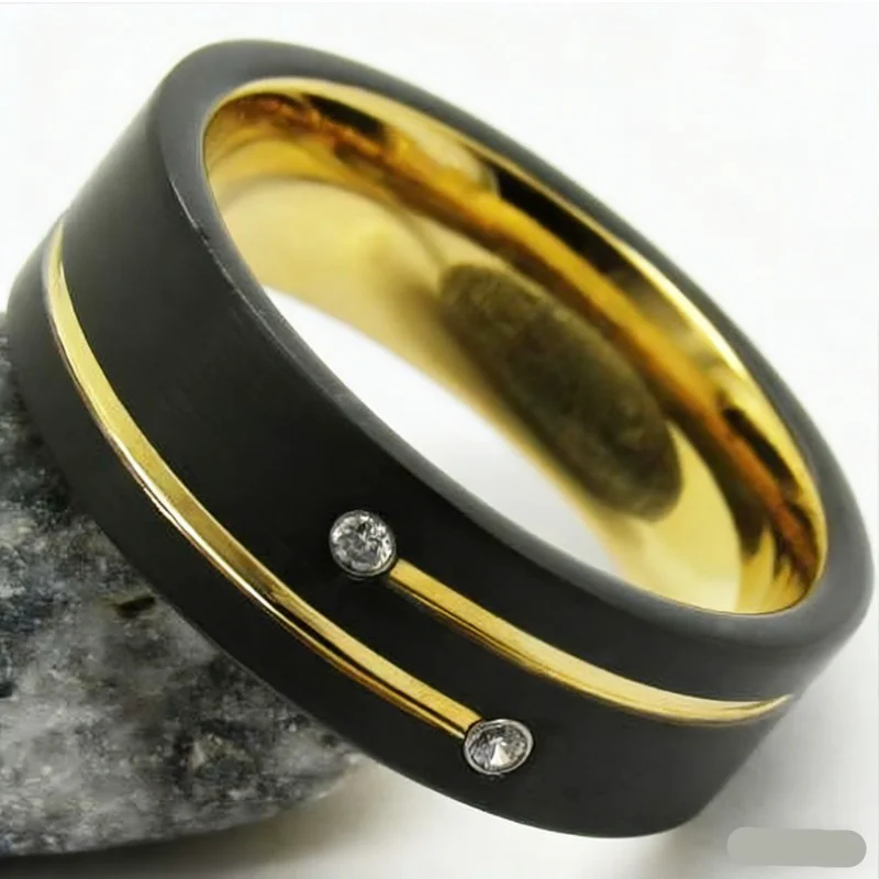 8mm Two-Tone Black & Gold Brushed Tungsten Carbide Wedding Band with CZ Stones - Bulk Orders Welcome