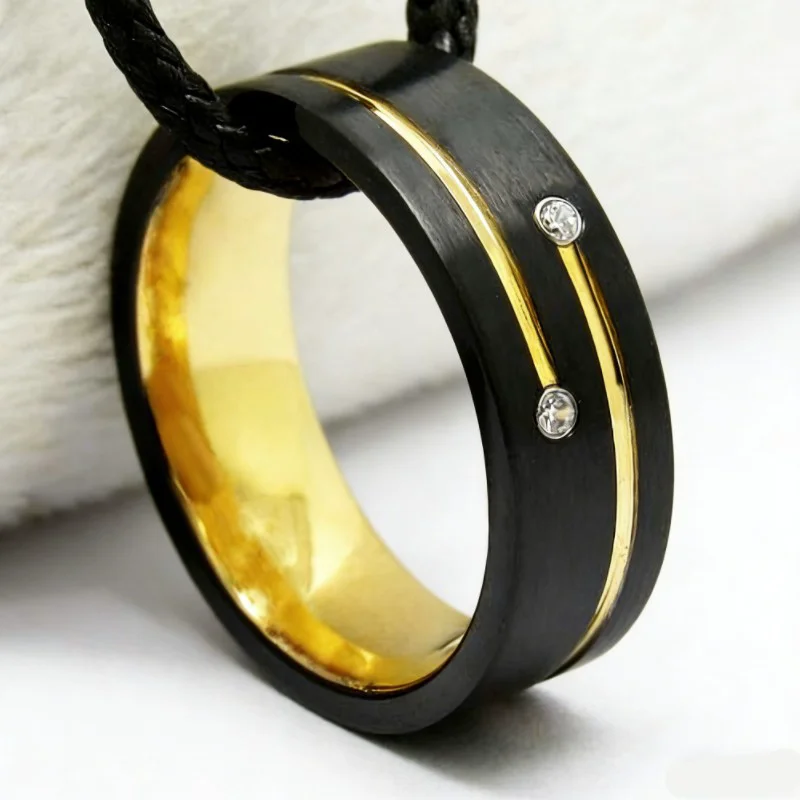 8mm Two-Tone Black & Gold Brushed Tungsten Carbide Wedding Band with CZ Stones - Bulk Orders Welcome