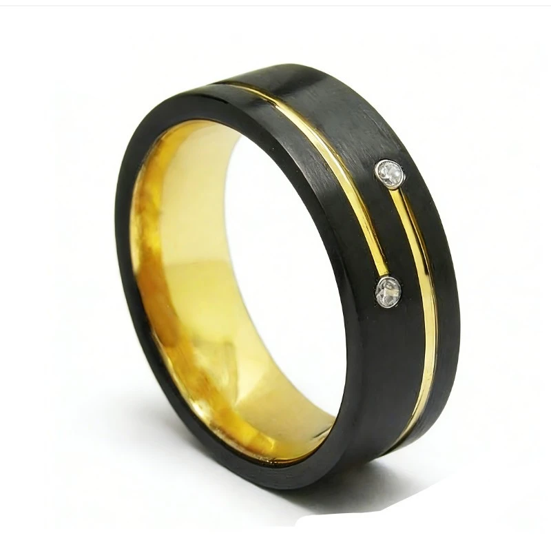 8mm Two-Tone Black & Gold Brushed Tungsten Carbide Wedding Band with CZ Stones - Bulk Orders Welcome