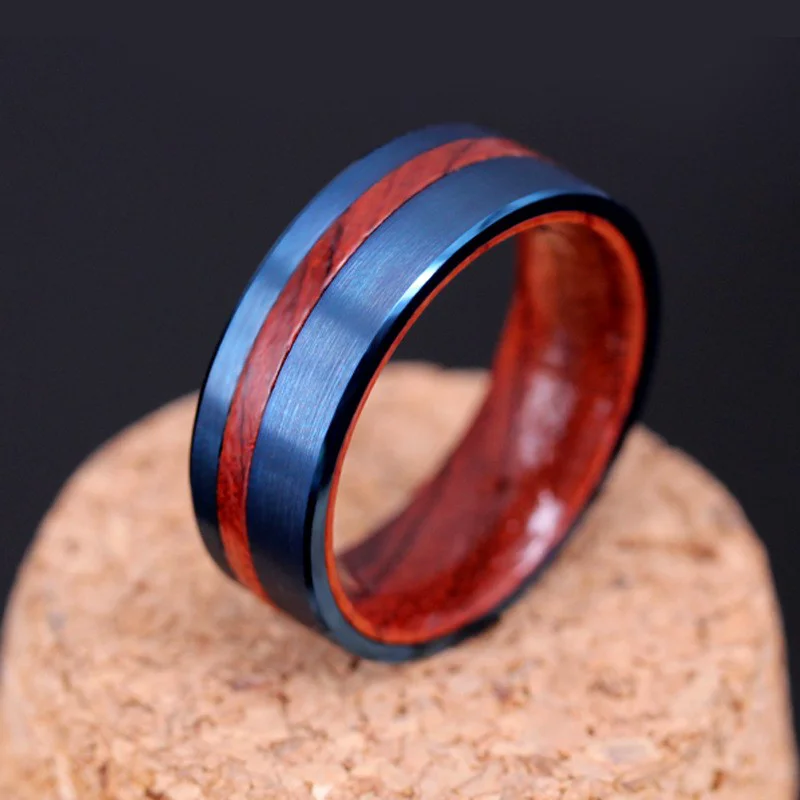 Wholesale 8mm Tungsten Carbide Men's Rings with Flat Beveled Edge, Blue Plating & Redwood Inlay