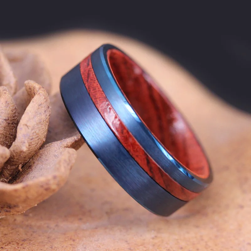 Wholesale 8mm Tungsten Carbide Men's Rings with Flat Beveled Edge, Blue Plating & Redwood Inlay