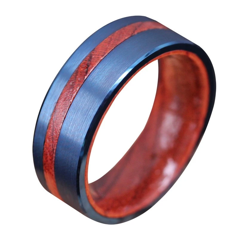 Wholesale 8mm Tungsten Carbide Men's Rings with Flat Beveled Edge, Blue Plating & Redwood Inlay