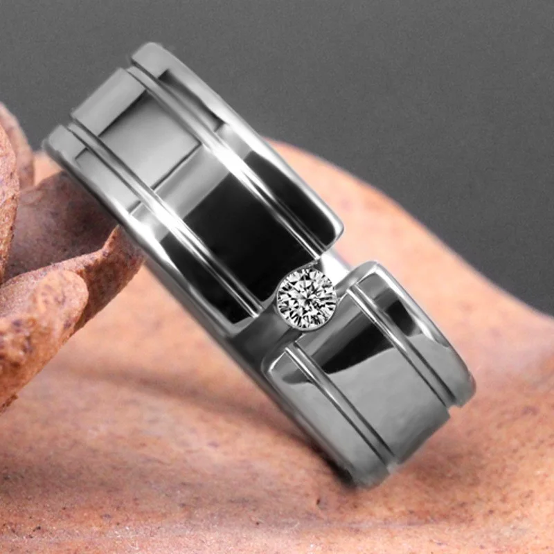 Industrial-Grade 8mm Flat Polished Tungsten Carbide Men's Ring with Diamond Inlay for Wholesale
