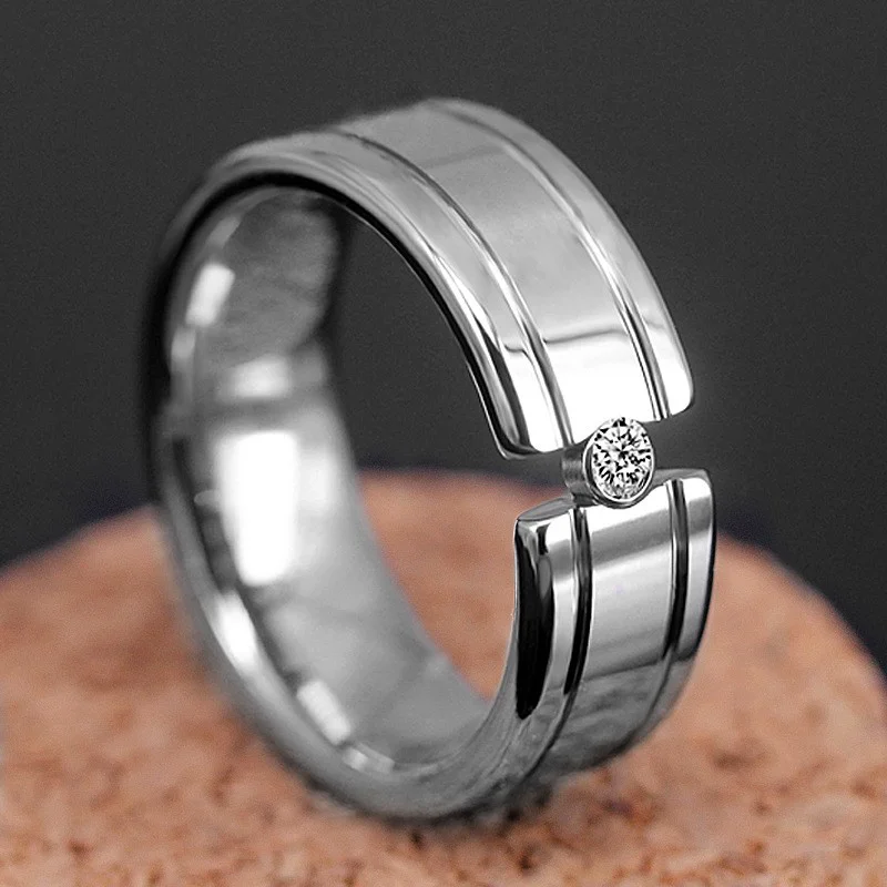 Industrial-Grade 8mm Flat Polished Tungsten Carbide Men's Ring with Diamond Inlay for Wholesale
