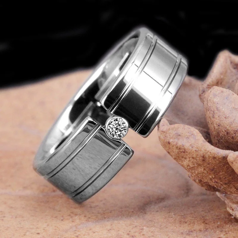 Industrial-Grade 8mm Flat Polished Tungsten Carbide Men's Ring with Diamond Inlay for Wholesale