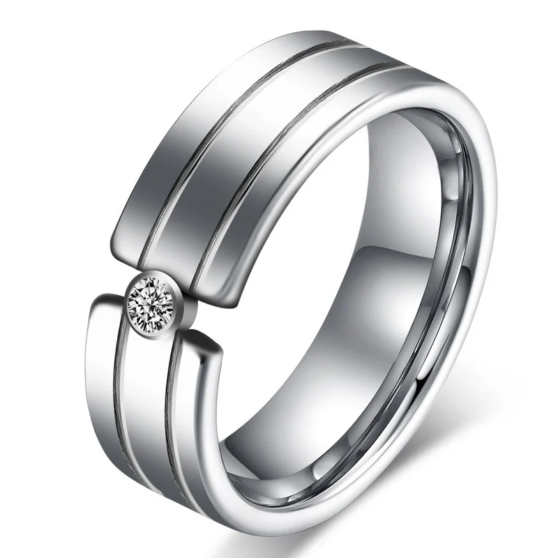 Industrial-Grade 8mm Flat Polished Tungsten Carbide Men's Ring with Diamond Inlay for Wholesale