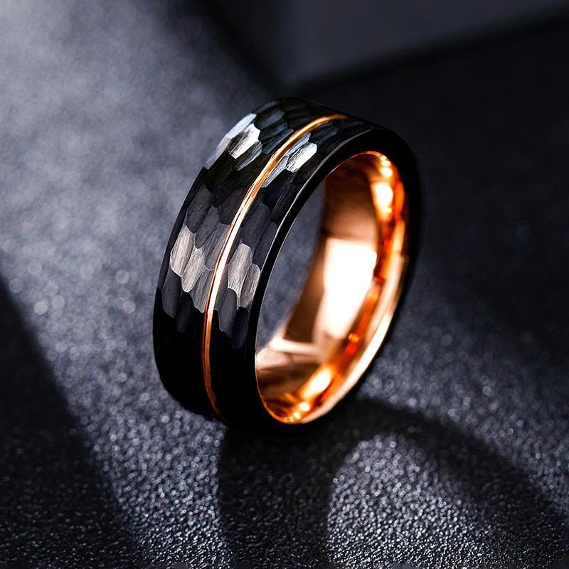 Premium Two-Tone Tungsten Carbide Ring for Bulk Order - Hammered & Brushed Finish