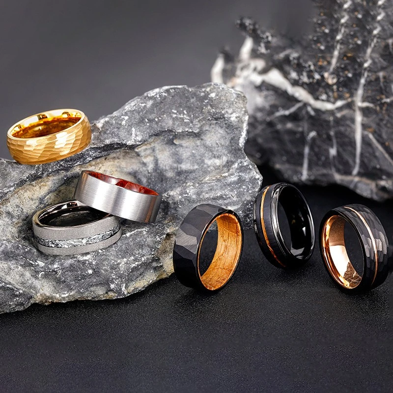 Premium Two-Tone Tungsten Carbide Ring for Bulk Order - Hammered & Brushed Finish