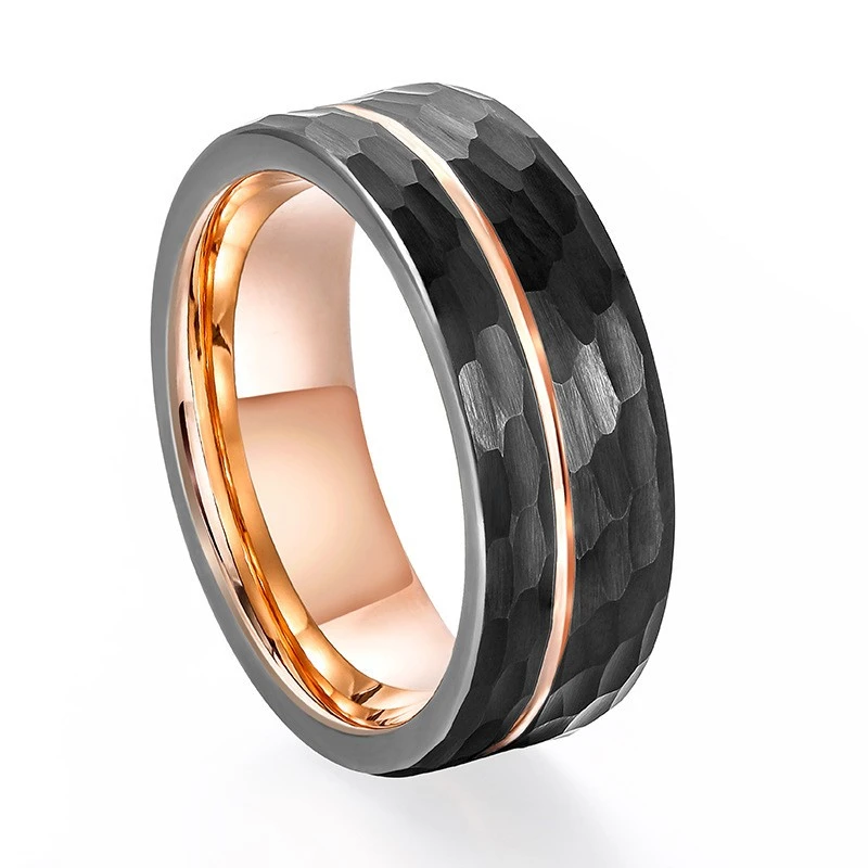 Premium Two-Tone Tungsten Carbide Ring for Bulk Order - Hammered & Brushed Finish