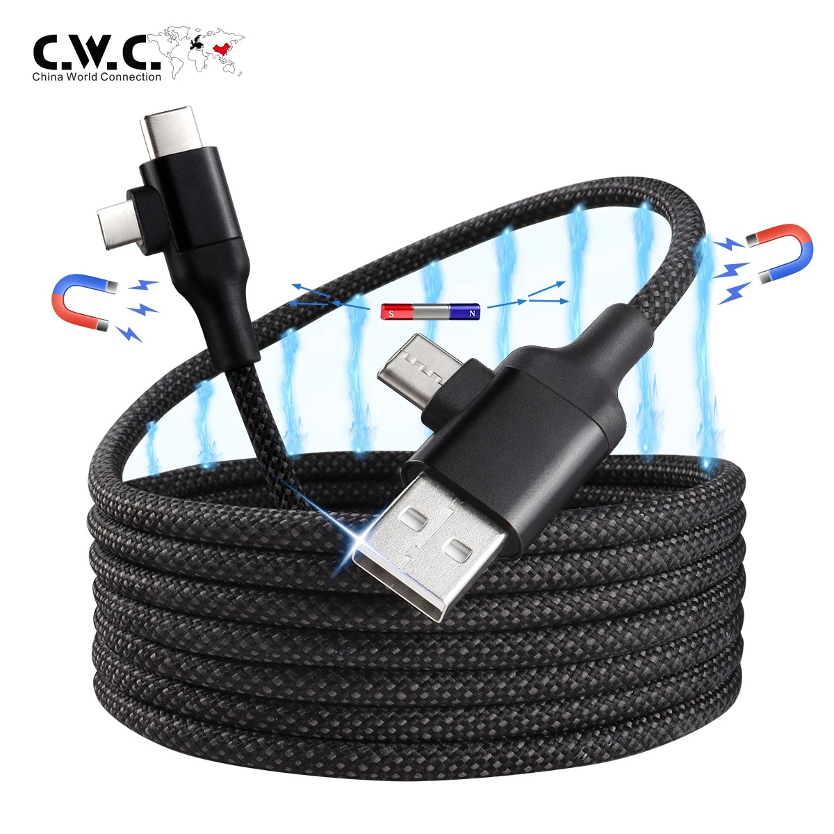 Chine Logo personnalisé 60W Charge magnétique noire USB C vers USB C Câble double sortie 4 en 1 Câble de chargement multi-magnétique fabricant