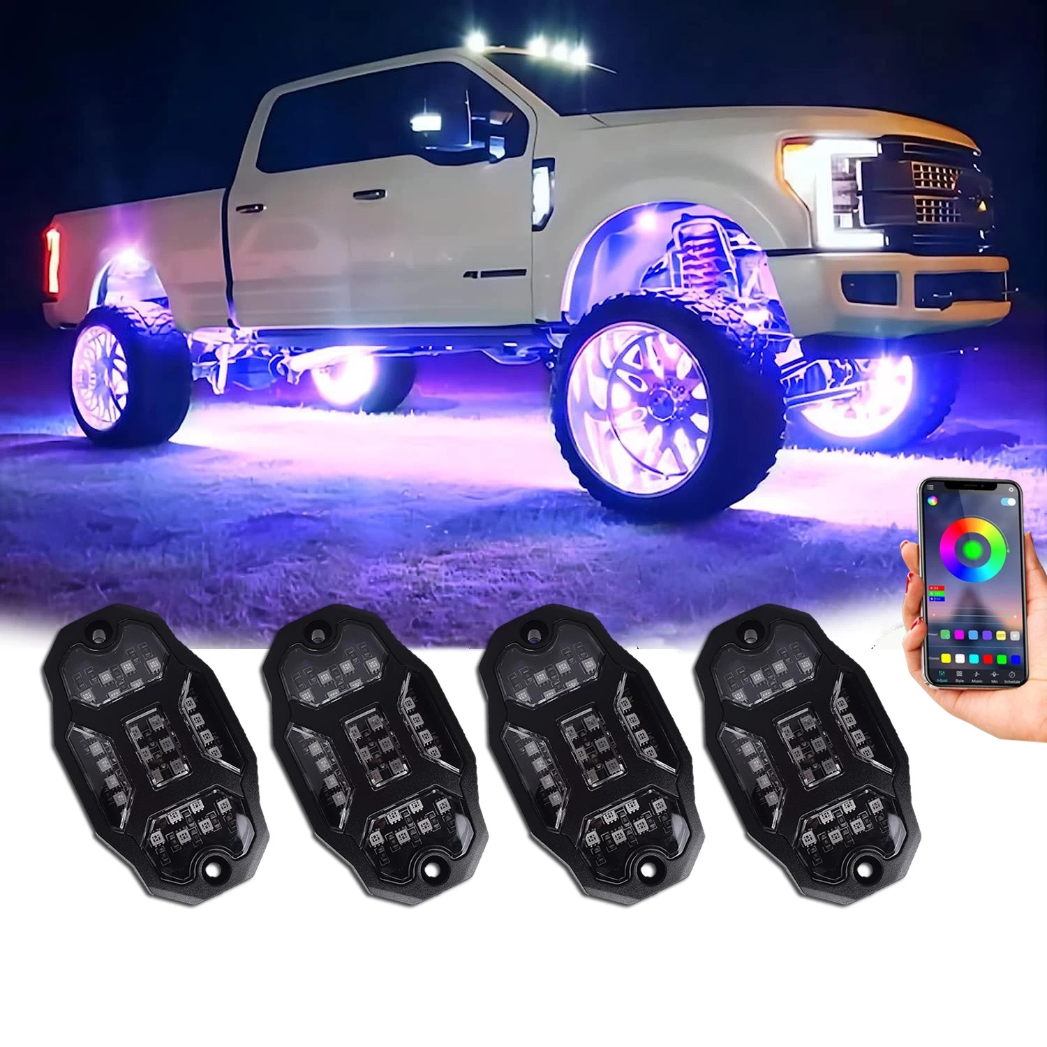 5 Sides Undergolw Rock Light For Car Jeep Off-Road Truck Boat Bluetooth APP Control 4/6/8 In 1 RGB LED Rock Lights Chassis Light Music Sync