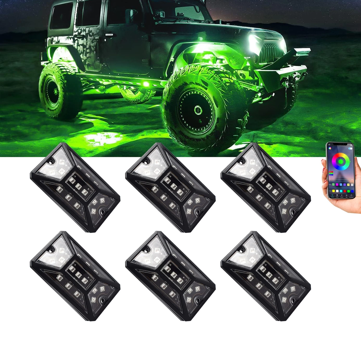 All-aluminum 5-Sides RGB LED Rock Lights Kit Multicolor Neon Accent Music Underbody Lighting Underglow Kits with RF Controller for Off-Road Cars