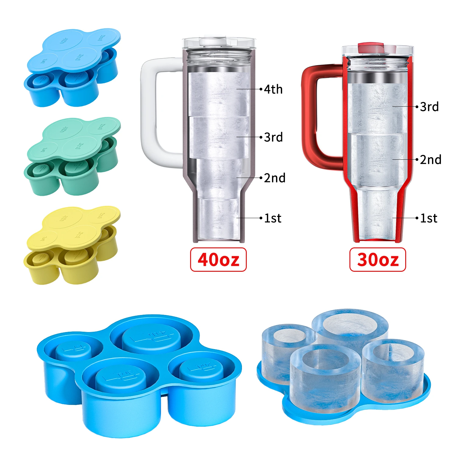 China Benhaida Novelty BPA Free 30 40oz Tumbler Cup Cylinder Ice Cube Mold with Lid Silicone 4 Sizes Stanley Cup Circle Ice Cube Tray manufacturer