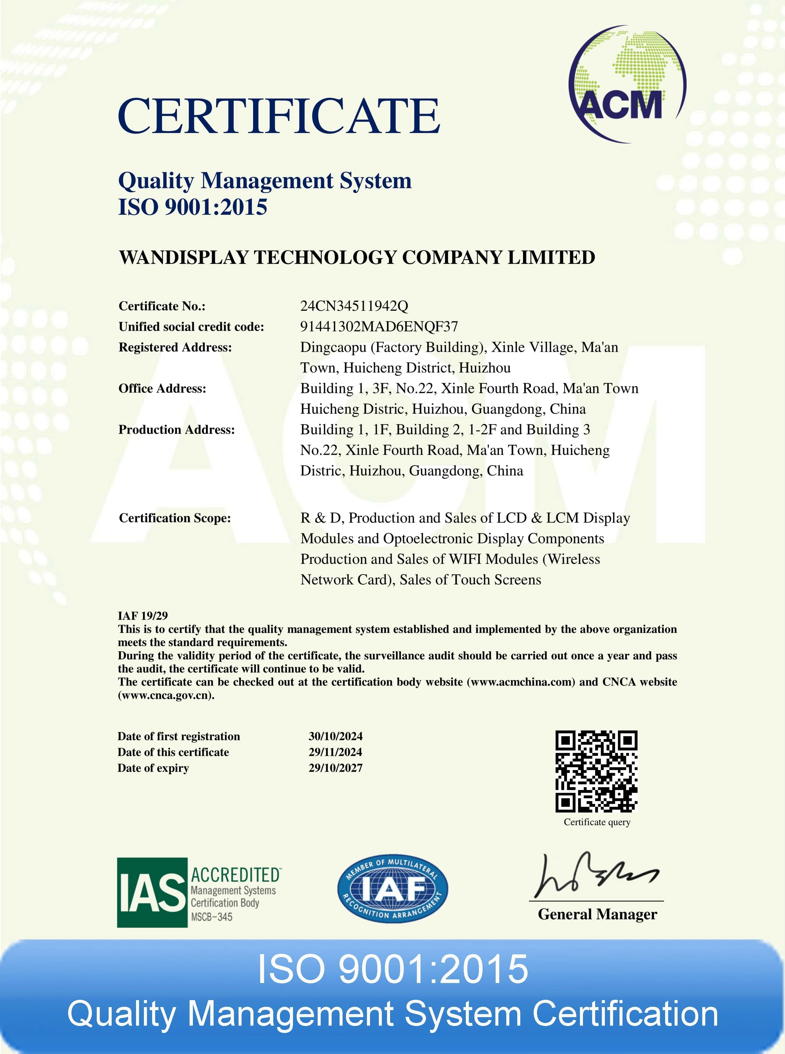 ISO 9001:2015 Quality Management System Certification of Wandisplay