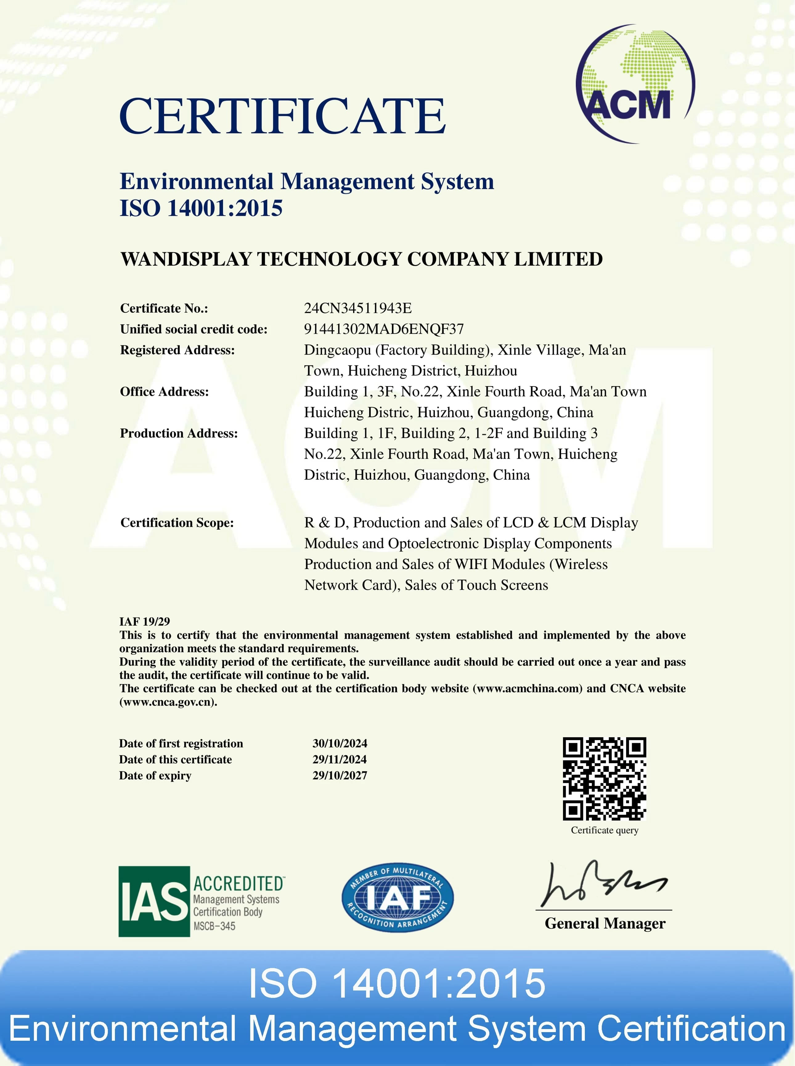 ISO 14001:2015 Environmental Management System Certification of Wandisplay