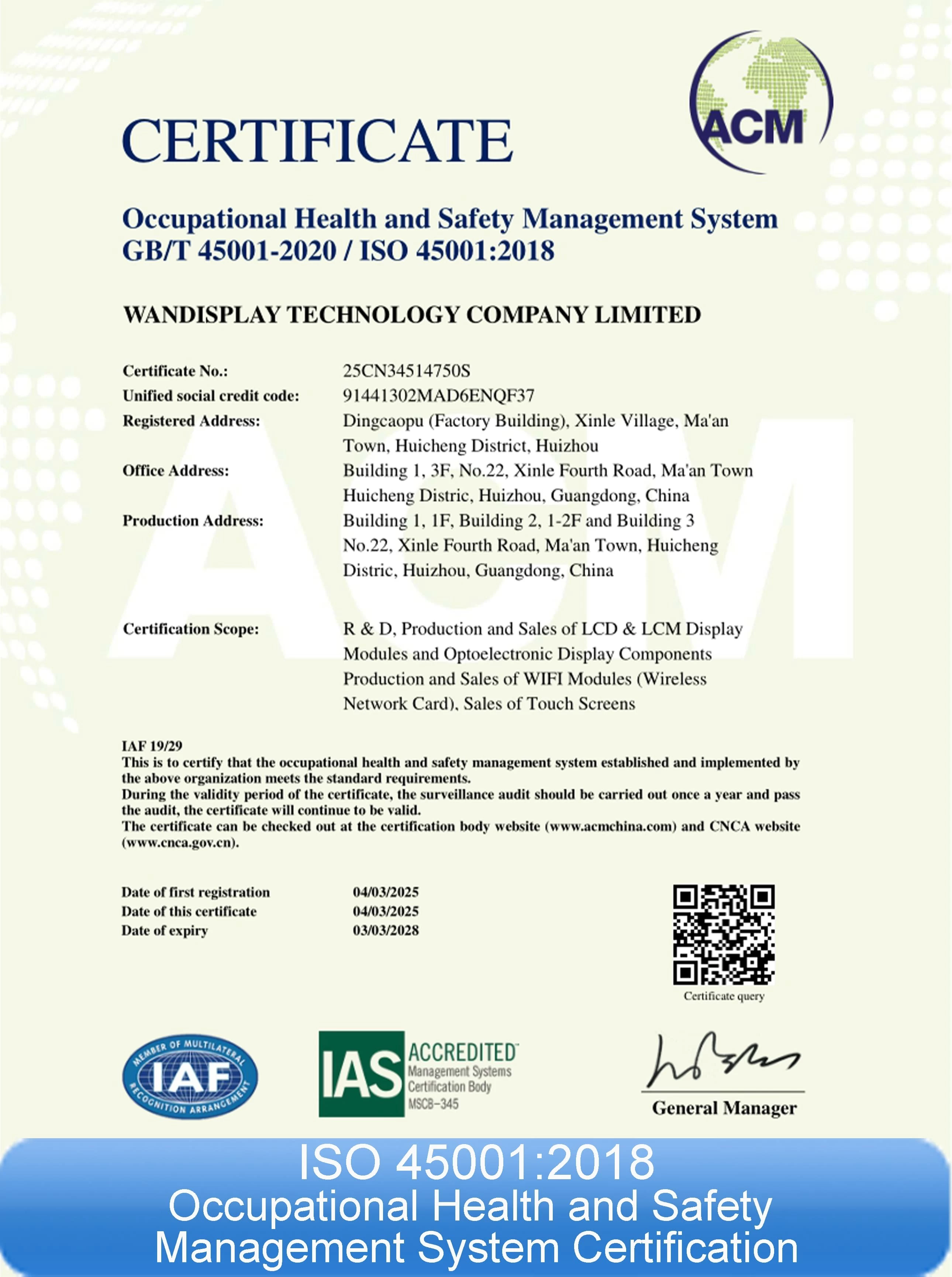 ISO 45001:2018 Occupational Health and Safety Management System Certification of Wandisplay