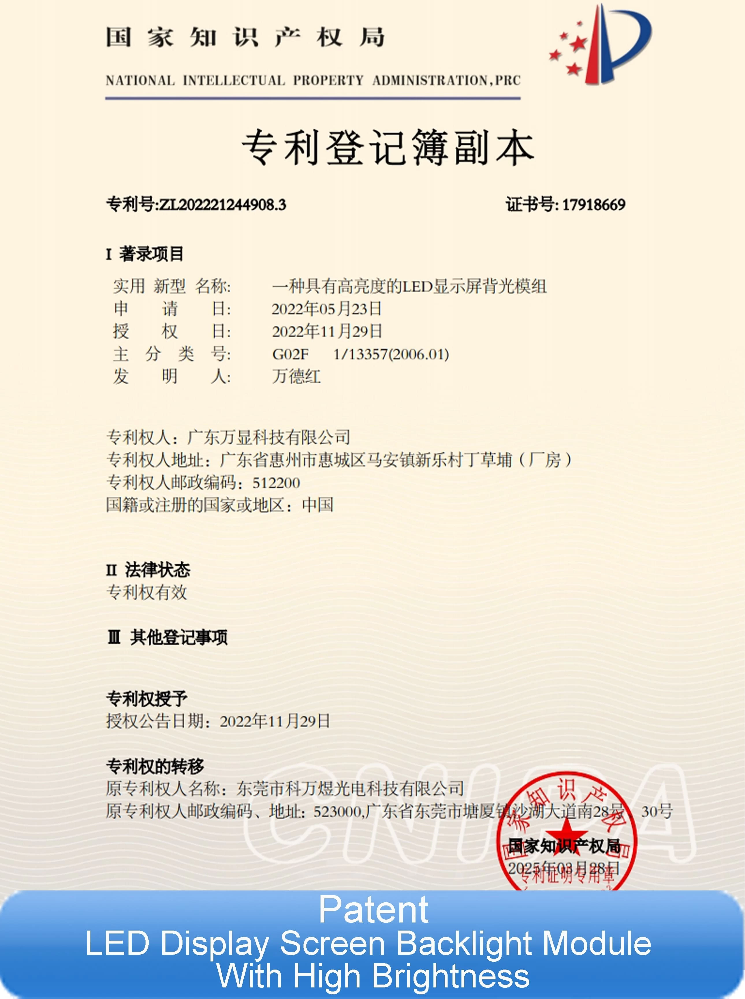 Patent Of Wandisplay for LED Display Screen Backlight Module With High Brightness