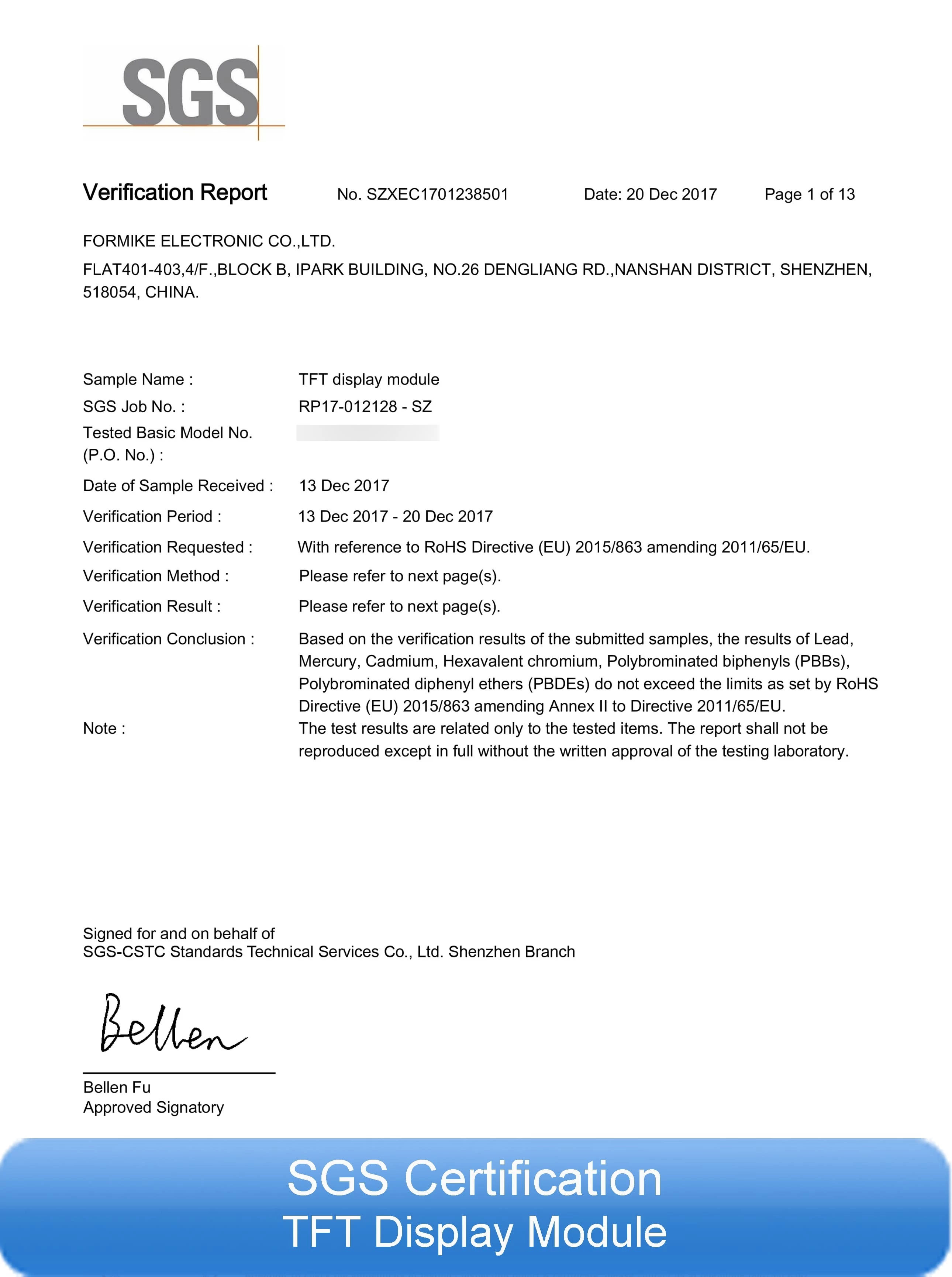 SGS Certification of Wandisplay TFT Display Module