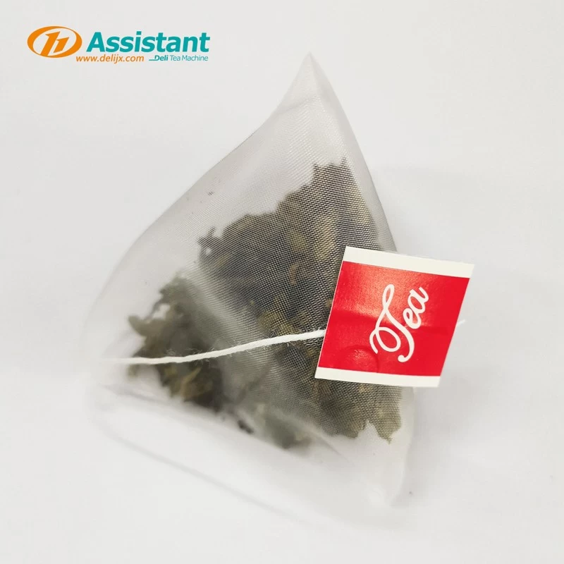 Nylon triangular tea bag with string and label