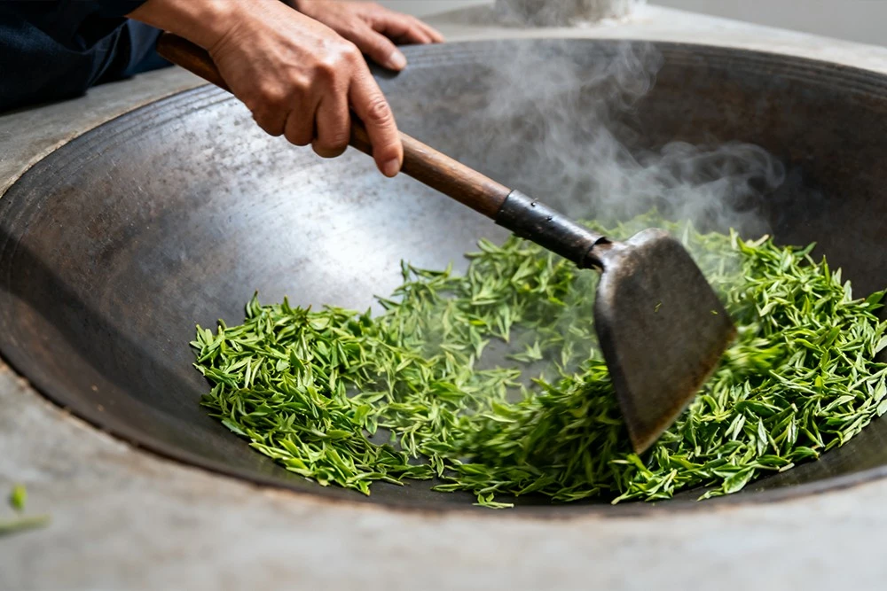 Traditional Chinese Handmade Tea Roasting (Fixing Process)