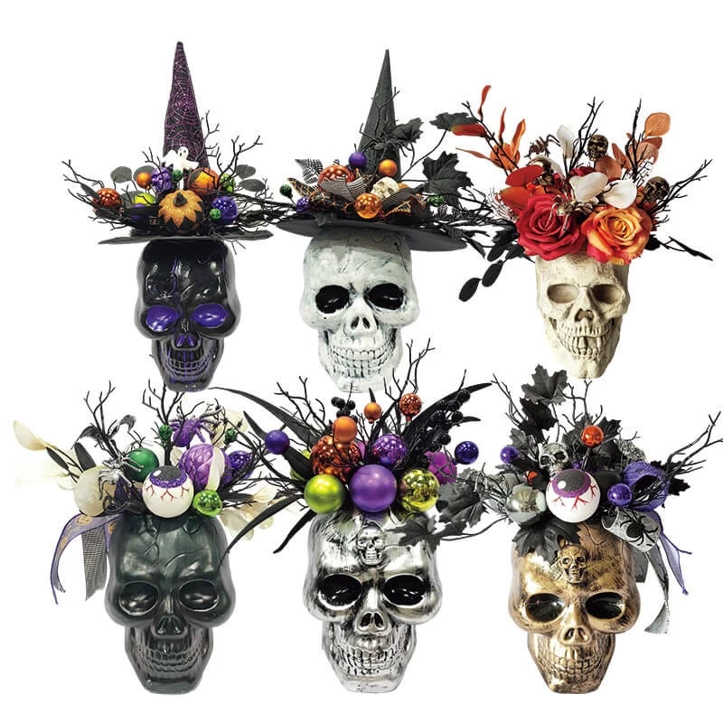 China Senmasine Crânios de esqueleto de Halloween de vários estilos com chapéu de bruxa, decoração de enfeites de olhos assustadores fabricante