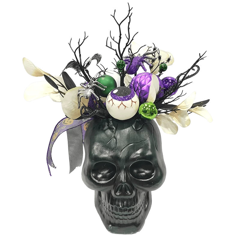 China Senmasine Halloween Skulls With Black Bow Artificial Leaves Rose Flowers Skeleton Heads manufacturer