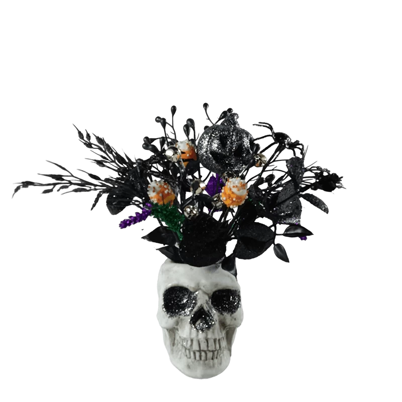 China Halloween-Totenkopf-Dekoration mit künstlichen schwarzen Blättern und glitzerndem Kürbis Hersteller