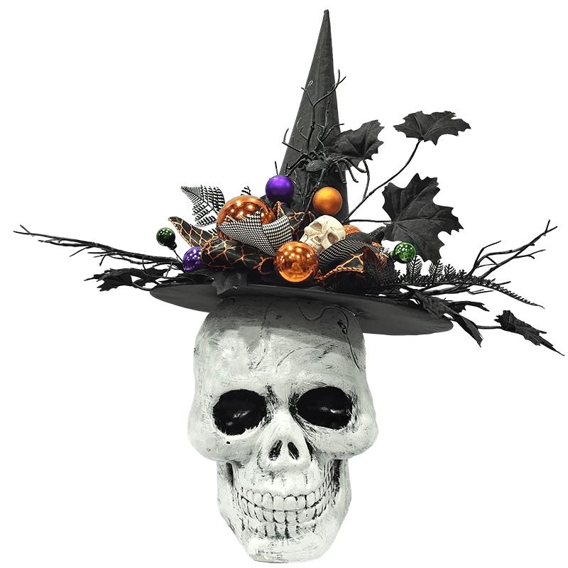 porcelana Decoraciones de Halloween Calavera con calabaza Sombrero de bruja Ojos espeluznantes Adornos Cabeza de esqueleto DIY fabricante