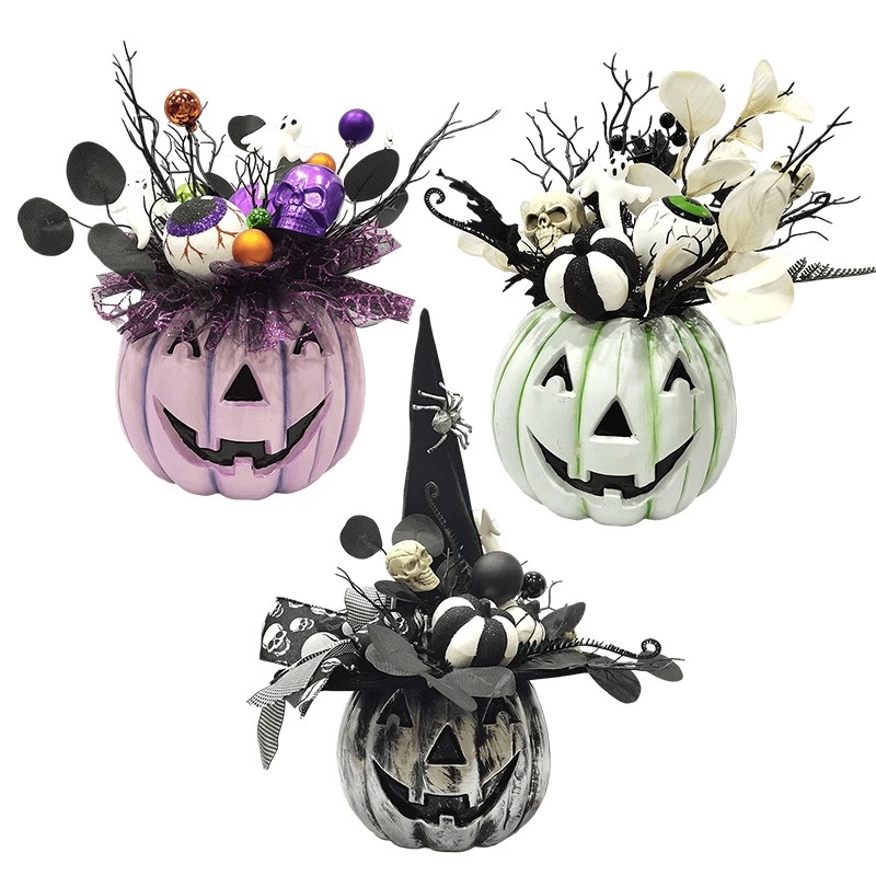 porcelana Calabaza Senmasine para Halloween con malla brillante, hojas artificiales negras, ojos de fantasma, adornos, cabeza de esqueleto fabricante