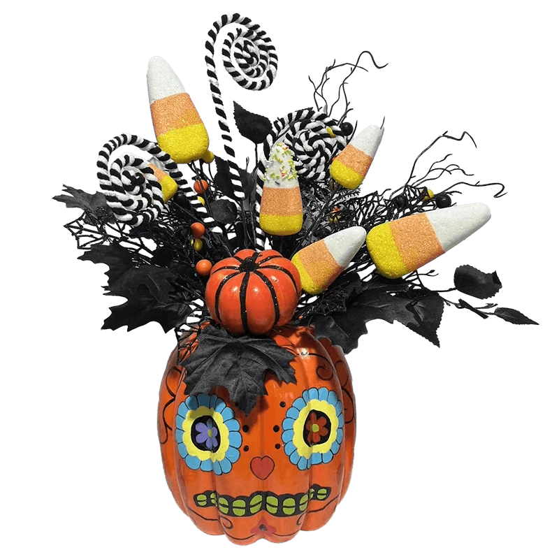 China Senmasine Halloween-Dekorationen, Kürbis mit glitzernden Kugeln, blaue künstliche Blumen, Rosen-Ahornblätter, Schleifendekoration Hersteller