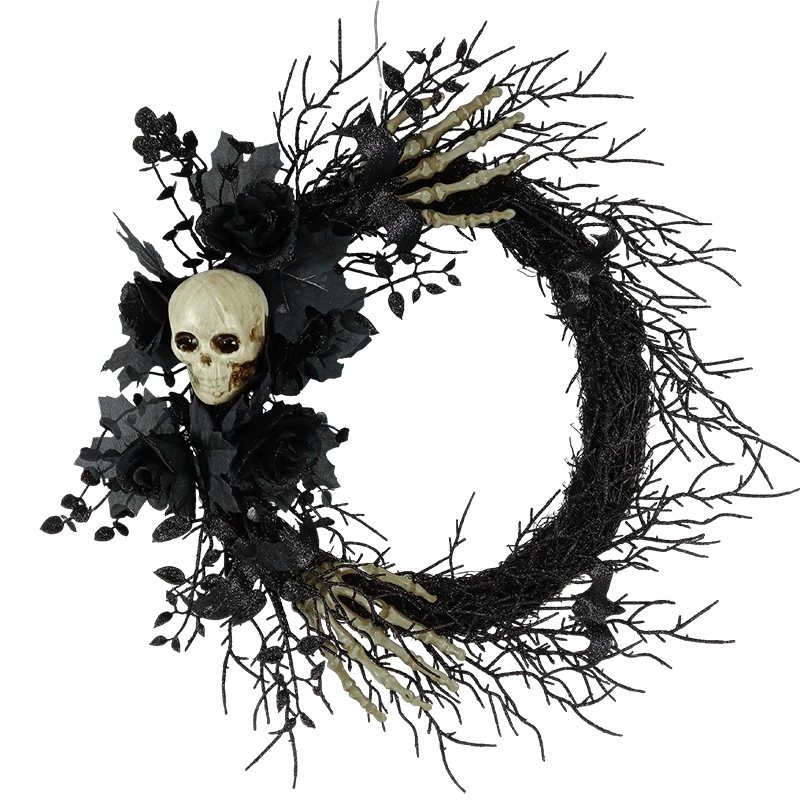 Chine Senmasine Couronne d'Halloween noire de 61 cm avec têtes de squelette pailletées à la main, branches mortes noires, fleurs de roses artificielles fabricant