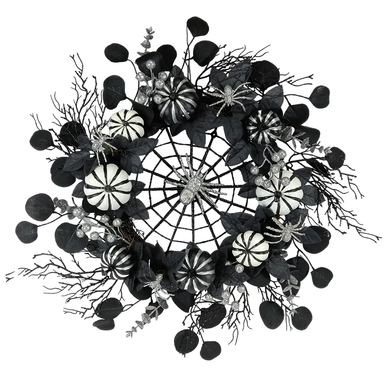 porcelana Senmasine Corona de Halloween de 26 pulgadas negra con telaraña, ramas muertas, purpurina, bayas plateadas, calabaza fabricante