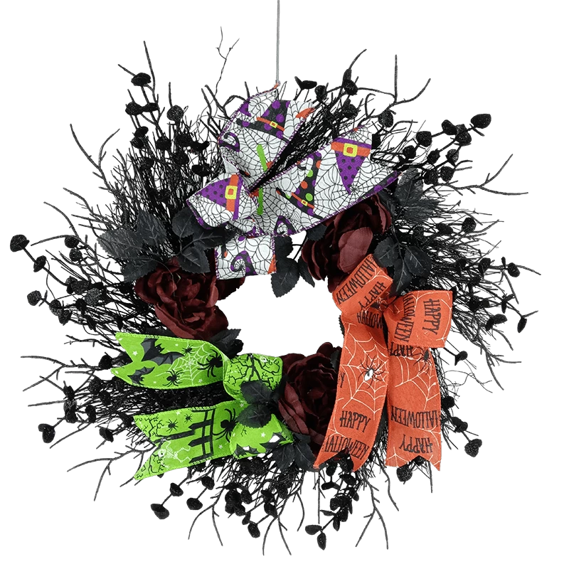 porcelana Senmasine Corona de cinta de Halloween de 22 pulgadas con grandes rosas artificiales, flores, rama muerta negra fabricante