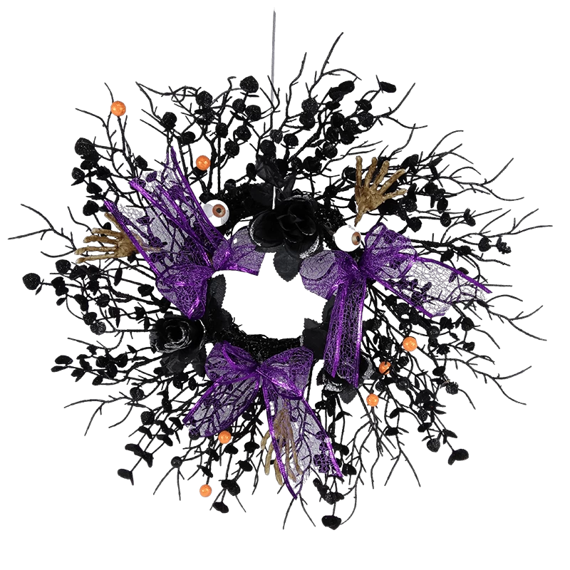 porcelana Corona negra de Halloween Senmasine de 22 pulgadas con lazo morado brillante, mano de esqueleto de flor de rosa artificial fabricante