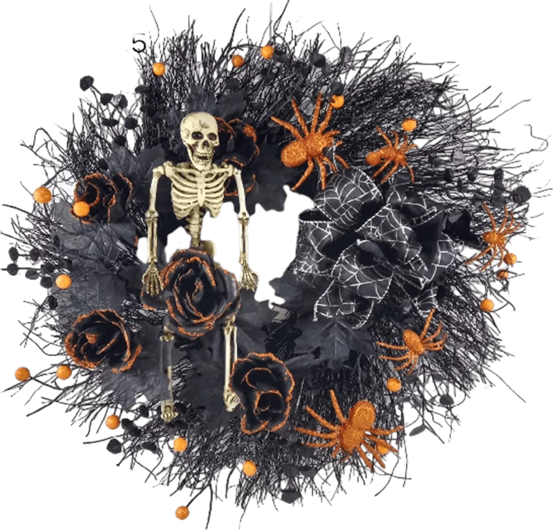 الصين إكليل الهيكل العظمي للهالوين مقاس 60.96 سم من Senmasine مع زهور الورد الاصطناعية اللامعة العنكبوتية باللون الأسود والتوت البرتقالي الصانع