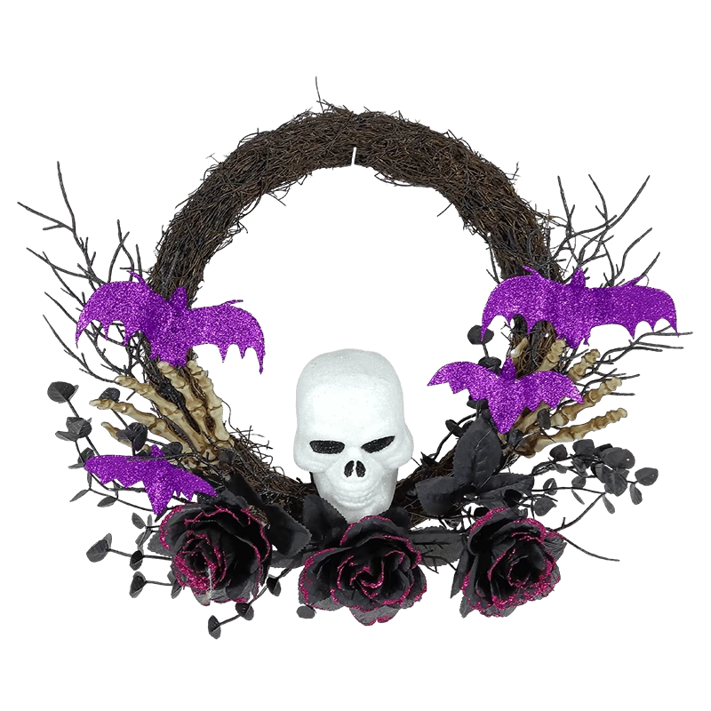 porcelana Senmasine Corona de cabeza de esqueleto de Halloween de 24 pulgadas con flores de rosas artificiales de araña con purpurina fabricante