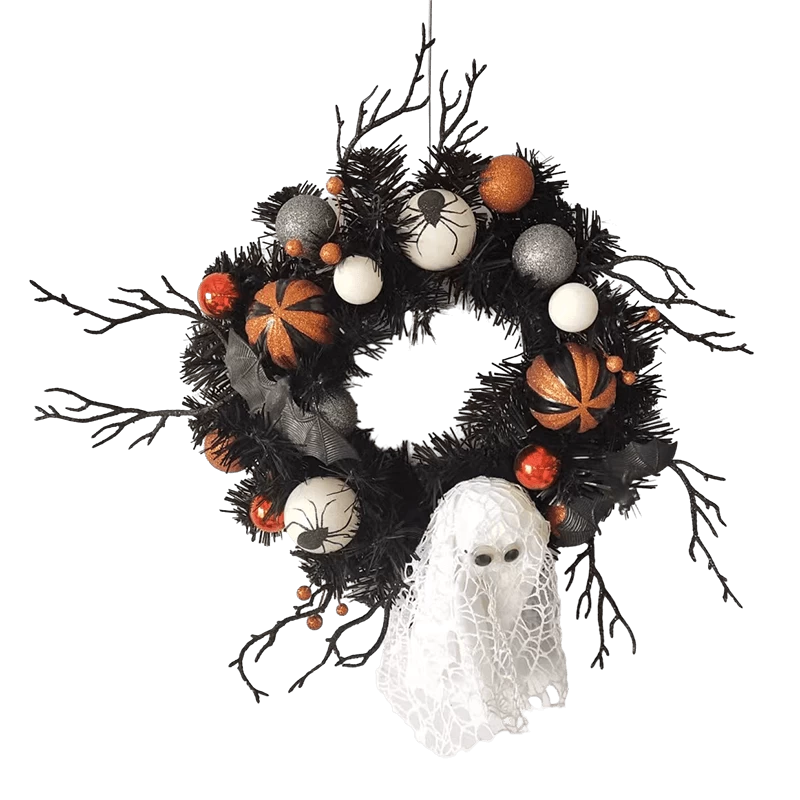 Chine Senmasine Couronne fantôme d'Halloween de 18 pouces avec branches artificielles en PVC, décoration de fête d'araignée à paillettes fabricant